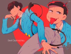 Rule 34 | 10s, 1boy, alternate eye color, artist name, ass, bad id, bad twitter id, black nails, black necktie, brown hair, character name, circle, demon horns, demon tail, fangs, formal, highres, horns, male focus, matsuno osomatsu, nail polish, naughty face, necktie, o2 (o2mm), osomatsu-kun, osomatsu-san, osomatsu (series), red eyes, solo, suit, tail