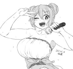 Rule 34 | 1girl, :d, armpits, arms up, blush, breasts, collarbone, dated, dot nose, dress, female focus, hair bun, happy, highres, large breasts, microphone, monochrome, music, one eye closed, open mouth, peace symbol, short hair, signature, simple background, singing, sleeveless, smile, sweat, sweatdrop, tsukudani (coke-buta), upper body, white background, wink
