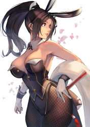Rule 34 | 1girl, alternate costume, animal ears, bare shoulders, breasts, brown eyes, brown hair, dead or alive, detached collar, fake animal ears, female focus, fishnet pantyhose, fishnets, folded fan, folding fan, gloves, hand fan, high ponytail, highleg, highleg leotard, highres, hinoru saikusa, holding, holding fan, large breasts, leotard, long hair, looking to the side, matching hair/eyes, official alternate costume, pantyhose, playboy bunny, ponytail, rabbit ears, shiranui mai, solo, strapless, strapless leotard, the king of fighters, white gloves, wrist cuffs