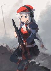 Rule 34 | + +, 1girl, absurdres, assault rifle, belt, beret, black necktie, black thighhighs, blue eyes, braid, breasts, cleavage, dress, flower-shaped pupils, girls&#039; frontline, gun, hair ornament, hat, headphones, highres, hinami047, holding, holding weapon, kalashnikov rifle, long hair, looking away, low twintails, medium breasts, necktie, open mouth, ots-12 (girls&#039; frontline), ots-12 tiss, red footwear, red hat, rifle, running, russian flag, scenery, shoes, solo, soviet, standing, star-shaped pupils, star (symbol), star hair ornament, symbol-shaped pupils, thighhighs, twin braids, twintails, uniform, weapon, white belt, white hair