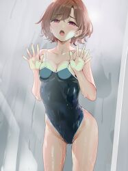 Rule 34 | 1girl, against glass, bare arms, bare shoulders, blue one-piece swimsuit, breast press, breasts, breasts on glass, commentary, highleg, highleg swimsuit, highres, higuchi madoka, idolmaster, idolmaster shiny colors, looking at viewer, medium breasts, mole, mole under eye, one-piece swimsuit, open mouth, purple eyes, red hair, short hair, solo, steam, swimsuit, symbol-only commentary, thighs, wet, yd (orange maru)