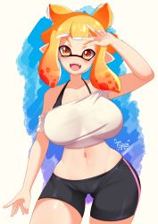 Rule 34 | 1girl, bike shorts, breasts, curvy, fangs, highres, inkling, inkling player character, large breasts, looking at viewer, nintendo, open mouth, smile, solo, splatoon (series), splatoon 3, tentacle hair, thighs, tiger1001, v, v over eye