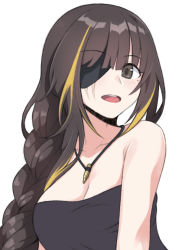 Rule 34 | 1girl, bare shoulders, black dress, braid, breasts, brown eyes, brown hair, cartridge, cleavage, dress, eyepatch, girls&#039; frontline, highres, jewelry, jjuwaap, long hair, looking at viewer, m16a1 (girls&#039; frontline), medium breasts, mole, mole under eye, multicolored hair, necklace, official alternate costume, open mouth, scar, scar across eye, scar on face, single braid, solo, strapless, strapless dress, streaked hair, white background