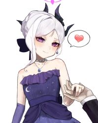 Rule 34 | 1boy, 1girl, bare shoulders, black bow, black horns, blue archive, blush, bow, closed mouth, commentary request, demon horns, dress, earrings, elbow gloves, evening gown, frilled dress, frills, gloves, hair bow, halo, heart, highres, hina (blue archive), hina (dress) (blue archive), holding hands, horns, jewelry, looking at another, multiple horns, necklace, official alternate costume, official alternate hairstyle, pearl necklace, purple dress, purple eyes, purple gloves, ring, simple background, single glove, smile, solo focus, speech bubble, spoken heart, strapless, strapless dress, um99, wedding ring, white background, white hair