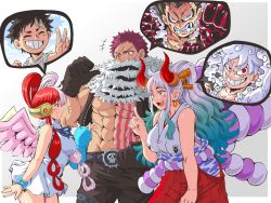Rule 34 | 2boys, 2girls, abs, aged down, alternate form, angel wings, ass, bandaid, bandaid on face, bare legs, bare shoulders, blush, blush stickers, breasts, charlotte katakuri, child, dress, full body, gear fifth, gear fourth, gradient hair, grin, hair over one eye, hair rings, hakama, headphones, high ponytail, highres, horns, idol, japanese clothes, large breasts, lewdamone, long hair, long sleeves, looking at another, medium breasts, missing tooth, monkey d. luffy, multicolored hair, multiple boys, multiple girls, muscular, one piece, one piece film: red, oni, orange horns, pink hair, purple eyes, red hair, scar, scar on face, shiny skin, short hair, size difference, smile, spoilers, two-tone hair, uta (one piece), v, very long hair, white background, white dress, white hair, wide hips, wings, yamato (one piece)