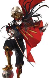 Rule 34 | 1girl, absurdres, black hair, black jacket, black pants, cape, crest, expressionless, family crest, fate/grand order, fate (series), floating cape, floating hair, gloves, hat, highres, holding, holding sword, holding weapon, jacket, katana, koha-ace, long hair, looking at viewer, military hat, mimulishizi, oda nobunaga (fate), oda nobunaga (koha-ace), oda uri, pants, peaked cap, red cape, red eyes, simple background, solo, standing, sword, uniform, weapon, white background, white gloves