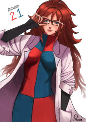 Rule 34 | 1girl, adjusting eyewear, android 21, black-framed eyewear, blue eyes, breasts, brown hair, character name, checkered clothes, checkered dress, curly hair, dragon ball, dragon ball fighterz, dress, earrings, glasses, hand in pocket, highres, hoop earrings, jewelry, lab coat, long hair, medium breasts, rectangular eyewear, signature, solo, sparkle, violoxe