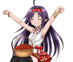Rule 34 | 1girl, ahoge, armpits, arms up, black thighhighs, blush, bracelet, closed eyes, floating hair, food, fruit, grin, hairband, jewelry, long hair, miniskirt, neck ribbon, outstretched arms, pointy ears, purple hair, red hairband, red ribbon, red skirt, ribbon, shiny skin, shirt, sitting, skirt, sleeveless, smile, solo, strawberry, sword art online, thighhighs, transparent background, very long hair, white shirt, yuuki (sao), zettai ryouiki