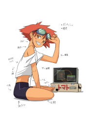 Rule 34 | 1girl, adjusting goggles, amefurashi, androgynous, barefoot, between legs, bike shorts, black shorts, blush stickers, box, brown eyes, cable, cardboard box, commentary, computer, cowboy bebop, dark-skinned female, dark skin, edward wong hau pepelu tivrusky iv, full body, goggles, goggles on headwear, grin, hand between legs, hand up, indian style, looking at viewer, looking to the side, midriff, navel, on ground, red hair, shorts, simple background, single bare shoulder, sitting, smile, solo, strap slip, tank top, toes, tomboy, translated, white background, white tank top