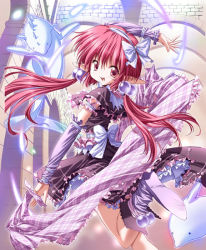 Rule 34 | 1girl, bow, dancing, elf, long hair, pointy ears, red eyes, red hair, ribbon, solo, twintails, ueda ryou