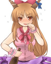 Rule 34 | 1girl, alcohol, blush, bottle, bow, breasts, brown eyes, brown hair, drooling, drunk, female focus, hair bow, horn ornament, horn ribbon, horns, ibuki suika, indian style, jyako, lowres, ribbon, sake, sitting, solo, touhou, wrist cuffs