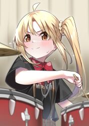 Rule 34 | 1girl, absurdres, ahoge, black shirt, blonde hair, blush, bocchi the rock!, bow, bowtie, closed mouth, commentary, detached ahoge, drum, drum set, drumsticks, highres, holding, holding drumsticks, ijichi nijika, instrument, looking ahead, mizumok1, music, parted bangs, playing instrument, print skirt, red bow, red bowtie, red eyes, shirt, short sleeves, side ponytail, skirt, smile, solo, suspenders, sweat, sweatdrop, upper body, v-shaped eyebrows