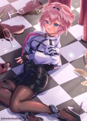Rule 34 | 1girl, absurdres, black choker, blue eyes, blush, bob cut, breast zipper, breasts, brown pantyhose, choker, collared shirt, cup, drinking glass, fingerless gloves, gloves, hair between eyes, hair wings, hairband, high-waist shorts, high heels, highres, hololive, large breasts, long sleeves, lying, mihaeru, necktie, on floor, on side, pantyhose, pantyhose under shorts, pink hair, pink necktie, puffy long sleeves, puffy sleeves, shirt, short hair, shorts, sideboob, solo, takane lui, takane lui (1st costume), taut clothes, virtual youtuber, wine glass