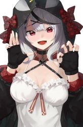 Rule 34 | 1girl, :d, absurdres, animal hood, black choker, black gloves, black hair, black jacket, bow, breasts, camisole, choker, cleavage, commentary request, fingerless gloves, gloves, grey hair, hair ornament, hands up, heart pendant, highres, hololive, hood, jacket, looking at viewer, medium breasts, multicolored hair, nail polish, off shoulder, open mouth, orca hood, pendant choker, plaid, plaid bow, red bow, red eyes, red nails, sakamata chloe, sino (oyasumi hf), smile, solo, streaked hair, upper body, virtual youtuber, white camisole, x hair ornament