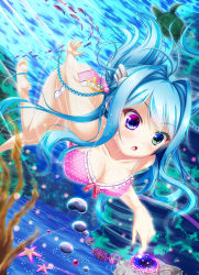 Rule 34 | 1girl, air bubble, barefoot, bikini, blue eyes, blue hair, breasts, bubble, cleavage, fish, freediving, green eyes, heterochromia, hiro (725611), holding breath, large breasts, long hair, matching hair/eyes, multicolored eyes, ocean, open mouth, original, purple eyes, solo, swimming, swimsuit, underwater, water