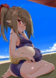 Rule 34 | 10s, 1girl, animal ears, ass, barefoot, beach, beach umbrella, breasts, brown hair, cloud, covered erect nipples, day, finger in own mouth, finger sucking, from behind, highres, long hair, looking back, micchan, nekone (utawarerumono), ocean, one-piece swimsuit, red eyes, school swimsuit, sitting, sky, small breasts, solo, swimsuit, tail, twintails, umbrella, utawarerumono, utawarerumono: itsuwari no kamen