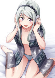 Rule 34 | 1girl, barefoot, blue panties, feet, hairband, headphones, highres, jewelry, kamelie, kantai collection, long hair, looking at viewer, no bra, open mouth, panties, purple eyes, ring, sagiri (kancolle), silver hair, simple background, sitting, solo, underwear, wariza, wedding band, white background