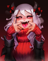 Rule 34 | 1girl, absurdres, black horns, black jacket, blush, breasts, demon girl, demon horns, drooling, eyebrows, eyebrows hidden by hair, fangs, finger in own mouth, glowing, glowing eyes, hair between eyes, heart, heart-shaped pupils, helltaker, highres, horns, jacket, medium breasts, medium hair, modeus (helltaker), naughty face, open mouth, oral invitation, reagan long, red background, red sweater, ribbed sweater, saliva, smile, solo, steam, steaming body, sweater, symbol-shaped pupils, tongue, turtleneck, turtleneck sweater, upper body, white hair