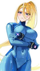 Rule 34 | 1girl, absurdres, anger vein, blonde hair, blue bodysuit, blue eyes, blue gloves, blush, bodysuit, breasts, covered navel, crossed arms, eyelashes, from below, gloves, hair between eyes, high ponytail, highres, large breasts, long hair, looking at viewer, metroid, mole, mole under mouth, nintendo, parted lips, samus aran, simple background, skin tight, solo, standing, white background, yasaikakiage