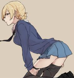 Rule 34 | 10s, 1girl, ass, bad id, bad twitter id, blonde hair, blue skirt, blue sweater, blush, breasts, clothes pull, darjeeling (girls und panzer), girls und panzer, leaning forward, looking at viewer, miniskirt, necktie, pantyhose, pantyhose pull, pleated skirt, ree (re-19), school uniform, skirt, solo, sweater, tan background, undressing