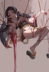 Rule 34 | absurdres, armor, black hair, blood, blood drip, blood from mouth, blood on clothes, blood on hands, blood stain, blurry, bound, brown eyes, geta, highres, long hair, looking to the side, obi, onmyoji, pauldrons, pointy ears, sash, shoulder armor, sketch, slit pupils, solo, thighhighs, toyo (s9654431), vampire, white thighhighs