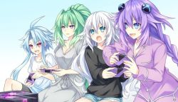 Rule 34 | 4girls, ahoge, black heart (neptunia), blanc (neptunia), blue eyes, blue hair, blush, braid, brave neptune, breasts, casual, cleavage, controller, game console, game controller, green hair, green heart (neptunia), hair ornament, large breasts, long hair, multiple girls, neptune (neptunia), neptune (series), noire (neptunia), official art, playing games, ponytail, power symbol, power symbol-shaped pupils, purple eyes, purple hair, purple heart (neptunia), red eyes, short hair with long locks, symbol-shaped pupils, tsunako, twin braids, v-shaped eyebrows, vert (neptunia), very long hair, video game, white hair, white heart (neptunia)