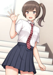 Rule 34 | 1girl, :d, blue skirt, blush, breast pocket, brown eyes, brown hair, collared shirt, commentary request, cowboy shot, indoors, long hair, nakamura sumikage, necktie, open mouth, original, paid reward available, pleated skirt, pocket, red necktie, school uniform, shirt, shirt tucked in, short sleeves, side ponytail, skirt, smile, solo, stairs, standing, striped necktie, summer uniform, white shirt