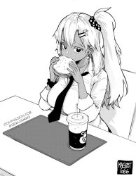Rule 34 | 1girl, artist name, burger, commission, commissioner name, cup, dark-skinned female, dark skin, disposable cup, dress shirt, drinking straw, earrings, eating, facing viewer, greyscale, highres, jewelry, long hair, looking at viewer, loose necktie, monochrome, necktie, norman maggot, one side up, original, shirt, simple background, sitting, solo, table, white background