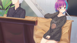 Rule 34 | 1boy, 1girl, absurdres, aqua hair, black shirt, blurry, blush, closed mouth, clothes pull, clothes writing, collarbone, commentary, couch, depth of field, eyelashes, frown, fumimaru, hair between eyes, hair ornament, hairclip, hand up, hetero, highres, ibaraki rino, ibuki kanato, indoors, lips, long sleeves, looking to the side, night, nose blush, on couch, parquet (yuzusoft), pulled by self, purple eyes, purple hair, shirt, shirt pull, short hair, shy, sitting, solo focus, tears