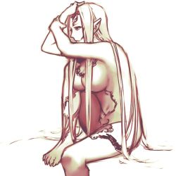 Rule 34 | 1990s (style), 1girl, artist request, breasts, dissidia final fantasy, evil, feet, final fantasy, final fantasy viii, large breasts, long hair, monochrome, navel, nude, pointy ears, sitting, sketch, solo, tattoo, ultimecia, very long hair