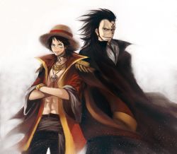Rule 34 | 2boys, abs, age difference, back-to-back, black hair, black pants, crossed arms, family, father and son, hat, jacket, jewelry, long coat, long hair, male focus, monkey d. dragon, monkey d. luffy, multiple boys, muscular, necklace, one piece, open clothes, open shirt, pants, red jacket, sash, scar, shirt, straw hat, tattoo, tongue, tongue out, wind