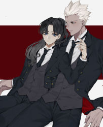 Rule 34 | 1boy, 1girl, archer (fate), black hair, black jacket, black neckwear, black pants, black vest, blue eyes, closed mouth, collared shirt, dress shirt, fate/stay night, fate (series), formal, hair intakes, hair over shoulder, highres, jacket, leaning back, long hair, looking at viewer, necktie, open clothes, open jacket, pants, ponytail, red background, shimatori (sanyyyy), shirt, short hair, silver hair, sitting, smile, spiked hair, tohsaka rin, two-tone background, vest, white background, white shirt, wing collar