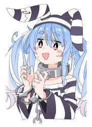 Rule 34 | 1girl, animal ears, animal hat, blue hair, blush stickers, commentary, cuffs, hair between eyes, handcuffs, hat, hololive, ixy, long hair, long sleeves, official alternate costume, open mouth, prison clothes, rabbit ears, rabbit hat, red eyes, simple background, solo, striped clothes, striped headwear, symbol-only commentary, thick eyebrows, twintails, upper body, usada pekora, usada pekora (prisoner), virtual youtuber, white background