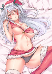 Rule 34 | 1girl, :q, absurdres, azur lane, bad id, bad pixiv id, bed sheet, bell, black panties, blush, breasts, christmas, cross, cross earrings, earrings, hat, highres, jewelry, large breasts, long hair, looking at viewer, lying, navel, on back, panties, pillow, prinz eugen (azur lane), red eyes, red hat, red thighhighs, santa hat, silver hair, sketch, solo, thighhighs, tongue, tongue out, underwear, yukishiro arte