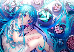 Rule 34 | 1girl, absurdres, blue eyes, blue hair, blue nails, blue theme, bowl, candy, curled up, dress, food, heart, heart-shaped pupils, highres, holding, holding candy, holding food, holding heart, huge filesize, long hair, nail polish, open mouth, original, solo, star (symbol), strap slip, symbol-shaped pupils, uukata, white dress