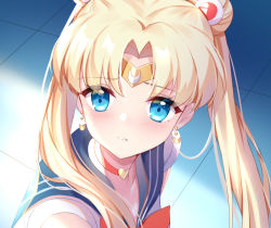 Rule 34 | 1girl, akuma (ogino-m), bishoujo senshi sailor moon, bishoujo senshi sailor moon s, blonde hair, blue eyes, blue sailor collar, blush, bow, bowtie, choker, circlet, collarbone, collared shirt, crescent, crescent earrings, derivative work, double bun, earrings, floating hair, hair between eyes, hair bun, hair intakes, hair over shoulder, heart, heart choker, jewelry, long hair, meme, parted lips, red bow, red bowtie, red choker, sailor collar, sailor moon, sailor moon redraw challenge (meme), sailor senshi uniform, sailor shirt, shirt, sleeveless, sleeveless shirt, solo, twintails, upper body, very long hair, white shirt