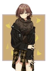 Rule 34 | 1girl, bad id, bad twitter id, black jacket, brown background, brown eyes, brown hair, brown hoodie, closed mouth, clothes around waist, commentary request, drawstring, ginkgo leaf, grey nails, grey shorts, hair ornament, hair over one eye, hairclip, highres, higuchi madoka, hood, hood down, hoodie, idolmaster, idolmaster cinderella girls, idolmaster cinderella girls starlight stage, jacket, leaf, long sleeves, looking at viewer, mole, mole under eye, nail polish, off shoulder, open clothes, open jacket, plaid, shiwa (siwaa0419), short shorts, shorts, sleeves past wrists, solo, standing, white background