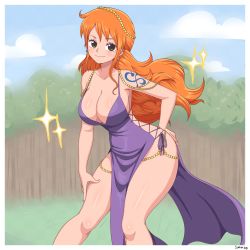 Rule 34 | 1girl, absurdres, alternate costume, bare arms, bare shoulders, blush, breasts, brown eyes, cleavage, curvy, dress, highres, large breasts, long dress, long hair, looking at viewer, nami (one piece), nami (one piece) (post-timeskip), nami (one piece) (zou), official alternate costume, one piece, orange hair, revealing clothes, shiny skin, short dress, simmsy, smile, solo, tattoo, thick thighs, thighs, very long hair, wide hips