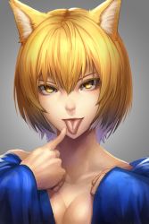 Rule 34 | 1girl, animal ears, colored eyelashes, blonde hair, breasts, cleavage, collarbone, colored eyelashes, licking finger, finger to mouth, fox ears, hand on own chest, licking, long sleeves, looking at viewer, minami koyogi, pointing, pointing at self, short hair, sleeves past wrists, slit pupils, smirk, solo, tongue, tongue out, touhou, yakumo ran, yellow eyes