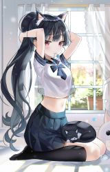 Rule 34 | 1girl, absurdres, animal, animal ear fluff, animal ears, animal on lap, arms behind head, arms up, bad id, bad twitter id, black cat, black hair, black skirt, black socks, bow, bowtie, cat, cat ears, cat girl, cat on lap, crop top, crop top overhang, curtains, extra ears, highres, indoors, kneehighs, kongya, long hair, looking at viewer, midriff, miniskirt, mole, mole under eye, mouth hold, navel, no shoes, on lap, original, pleated skirt, ponytail, red eyes, sailor collar, school uniform, see-through, see-through silhouette, seiza, serafuku, shirt, short sleeves, sitting, skirt, socks, solo, stomach, very long hair, white shirt, window