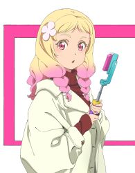 Rule 34 | 1girl, :o, alternate costume, blonde hair, braid, cellphone, coat, commentary request, flower, from side, gradient hair, hair flower, hair ornament, highres, holding, long hair, long sleeves, looking at viewer, looking to the side, love live!, love live! superstar!!, low-tied long hair, multicolored hair, onitsuka natsumi, open mouth, phone, pink background, pink hair, red sweater, sano keiichi, selfie stick, smartphone, solo, sweater, turtleneck, turtleneck sweater, twin braids, two-tone background, white background, white coat, white flower