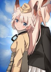 Rule 34 | 2girls, back-to-back, blue eyes, blush, garrison cap, goggles, goggles around neck, hanna-justina marseille, hat, head wings, jacket, kaneko (novram58), leather, leather jacket, looking at viewer, military, military uniform, multiple girls, pink hair, pleated skirt, raisa pottgen, skirt, sky, smile, strike witches, uniform, wings, world witches series