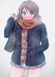 Rule 34 | 1girl, ayumu-k, blue eyes, blush, brown hair, highres, jacket, looking at viewer, love live!, love live! sunshine!!, scarf, short hair, simple background, smile, solo, thighs, watanabe you, wavy hair
