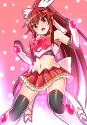 Rule 34 | 1girl, armpits, black thighhighs, blouse, blush, bow, bowtie, earrings, elesis (elsword), elsword, gauntlets, gradient background, hair ornament, heart, highres, jewelry, legs apart, long hair, magical girl, midriff, miniskirt, navel, pink background, ponytail, precure, red bow, red bowtie, ribbon, shirt, simple background, skirt, sleeveless, sleeveless shirt, solo, thighhighs, very long hair, white shirt, zetsuei (zetto)