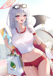 Rule 34 | 1girl, absurdres, bag, black wings, blue archive, braid, breasts, buruma, candy, collarbone, cowboy shot, eyewear on head, fake wings, food, grey hair, gym shirt, gym uniform, halo, haruna (blue archive), haruna (track) (blue archive), highres, hovaku, jacket, large breasts, long hair, navel, official alternate costume, red buruma, red eyes, red halo, shirt, shopping bag, short sleeves, side braid, single wing, solo, tongue, tongue out, track jacket, white shirt, wings