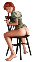 Rule 34 | 1girl, anne of green gables, anne shirley, ass, barefoot, blue eyes, braid, chair, clothes lift, dress, dress lift, eyebrows, feet, from behind, full body, green dress, highres, legs, lips, long hair, long legs, looking at viewer, looking to the side, nippon animation, no panties, pinup (style), python (snake legs), red hair, short twintails, simple background, sitting, sitting backwards, skirt, skirt around belly, solo, toes, twin braids, twintails, white background, world masterpiece theater