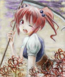 Rule 34 | 1girl, bad id, bad pixiv id, female focus, hair bobbles, hair ornament, highres, one eye closed, onozuka komachi, open mouth, red eyes, red hair, scythe, solo, tomoichi, touhou, twintails, two side up, wink