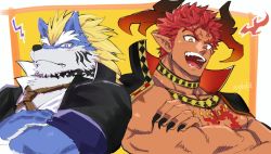 Rule 34 | 2boys, animal ears, back-to-back, bara, bare pectorals, blue eyes, blue fur, chest harness, chest tattoo, collarbone, crossed arms, dark-skinned male, dark skin, fenrir (housamo), furry, furry male, harness, high collar, highres, horns, ifrit (housamo), jacket, large pectorals, male focus, multiple boys, muscular, open clothes, open jacket, pectorals, pointy ears, red eyes, red hair, short hair, sketch, spiked hair, tattoo, thick eyebrows, tokyo houkago summoners, two-tone fur, upper body, white fur, wolf boy, wolf ears, yakisoba ohmori