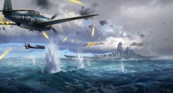 Rule 34 | aircraft, airplane, battleship, cloud, cloudy sky, commentary, day, flying, highres, historical event, ling xiang, military, military vehicle, no humans, ocean, original, outdoors, scenery, ship, signature, sky, torpedo, vehicle focus, war, warship, water, watercraft, waves