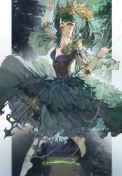 Rule 34 | 1girl, absurdres, bare shoulders, corset, detached sleeves, doll joints, dress, emma woods, floating, green dress, green eyes, green hair, highres, identity v, joints, looking at viewer, see-through, see-through sleeves, smile, solo, zi yin